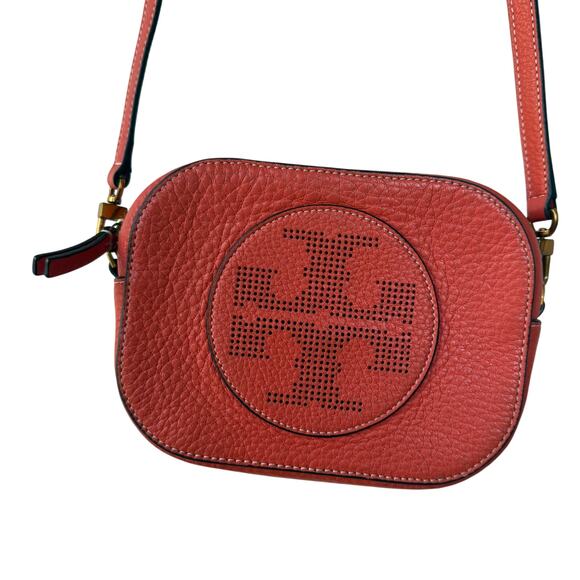 Tory Burch Miller Mini Crossbody Bag with perforated double-T logo.Spiced Coral